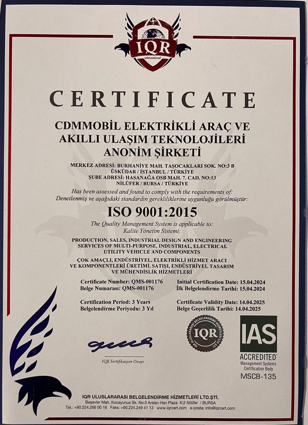 ISO 9001:2015 Kalite Yönetim Sistemi Sertifikası